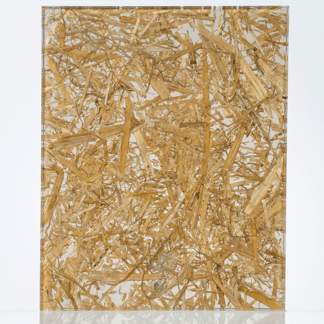 Panel de vidrio decorativo amarillo con textura efecto madera laminada