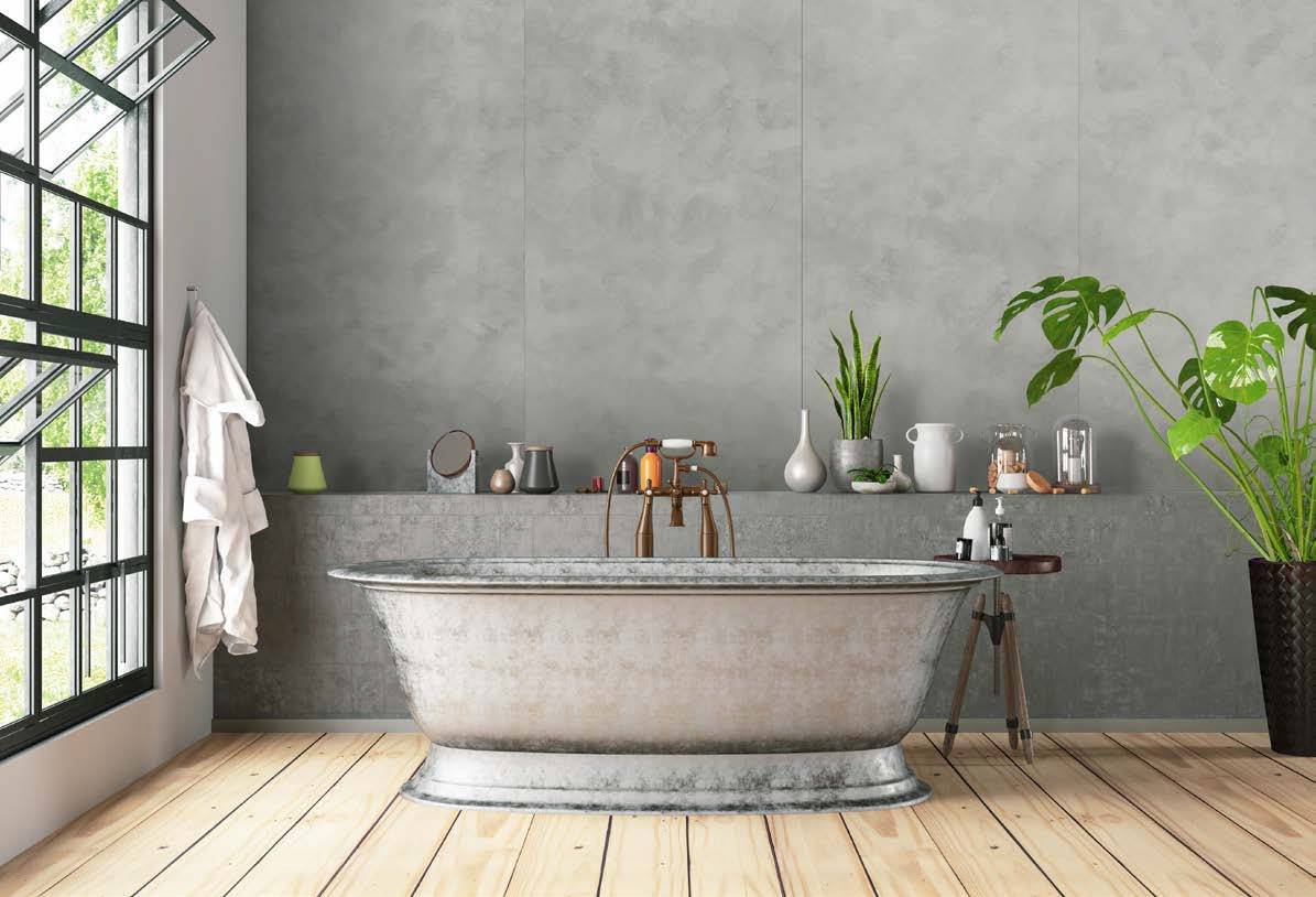 Sibu bañera. Baño con paneles de diseño ligero color gris